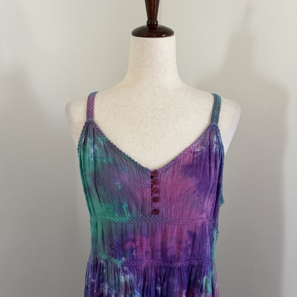 VTG Hibiscus Flower Dress Size Medium Purple Smocked Hawaiian Boho Peasant Fairy - Picture 2 of 9